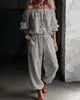 2026 Nuevo Conjunto de Dos Piezas Transfronterizo Europeo y Americano Estilo Amazon Holgado Perezoso de un Hombro + Pantalón Jogger con Cordón