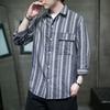 Verão 2025 Nova Camisa Masculina Solta de Manga Sete Pontos Algodão e Linho Listrada Manga Média Camisa Estilo Chinês Jaqueta Retrô