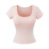 Playera Sexy de Cuello en U y Manga Corta con un Diseño Básico Elástico Ajustado que Ciñe la Cintura para una Apariencia Adelgazante, Adecuada para Chicas Hot