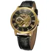 Reloj Mecánico Manual de Moda Retro Transparente Calado para Hombre Forsining con Correa Negra, Caja Dorada y Esfera Blanca