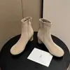 Botines Ajustados de Ante para Mujer, Botines Cortos Elásticos, Nuevo Estilo Otoño, Punta Redonda, Cremallera Lateral, Botines de Tacón Medio Grueso, Botines Cortos Elásticos Estilo Coreano para Mujer