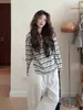 Camiseta Base Rayada Negra Estilo Coreano Manga Larga para Mujer Principios de Otoño Holgada Perezosa Estilo Miu Camisa de Aire Acondicionado Top Delgado