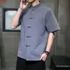 Camisa de linho de manga curta masculina, estilo chinês, camisa de verão de algodão e linho, meia manga, casaco vintage com fivela, blusa solta plus size