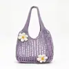 Bolsa de palha grande e maleável com trama vazada para mulheres 2026 novo estilo para o dia a dia bolsa de ombro única bolsa de crochê com flor bolsa tote
