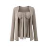 Cárdigan Chaqueta Larga sin Botones para Mujer de Temporada Primavera y Otoño, Estilo Puro Deseo, Nudo Retorcido Delantero, Almohadilla en el Pecho, Conjunto de Dos Piezas con Top de Tirantes Fruncido