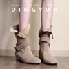 Botas de Cuero Retro para Mujer Estilo Occidental Gamuza Suave Nicho Pequeño Hebilla de Cuero Suave Botines Otoño Invierno Punta Redonda Uso Bidireccional