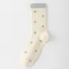 Meias de Outono e Inverno Femininas Bloqueio de Cores Azul-Cinza Meias de Cano Médio Meias Femininas Listradas Doces JK Japonesas Meias com Laço Babados para Mulheres