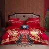 Juego de Cuatro Piezas para Boda, Juego de Cama Bordado Multipièces de Algodón Puro, Nuevo Estilo Chino Dragón y Fénix Juego de Cama Rojo para Boda