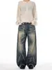 Jeans Rectos Ajustados Azules Lavados Estilo Americano Talla Plus para Mujer, Nueva Moda de Primavera, Pantalones Ajustados de Moda