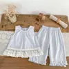 Conjunto de Verano para Niñas 2026 Nuevo de Moda con Adorno de Encaje, Top sin Mangas y Pantalones de Pierna Ancha, Conjunto Casual de Dos Piezas para Niñas