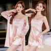 Camisola de Seda Helada para Dormir con Mangas de Tres Cuartos, Conjunto de Dos Piezas, Sexy y de Alta Gama, Estilo Puro Deseo, Delgado, Adecuado para Primavera, Otoño y Verano, Ropa de Dormir de Seda