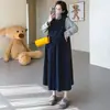 XMF Mamá~ Conjunto de Maternidad Otoño/Invierno Chaleco de Pana de un Solo Botón Cuello Redondo Vestido + Camiseta de Cuello Alto con Lunares Tendencia