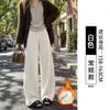 Calça de lã mesclada cor de aveia de perna larga para mulheres, nova coleção outono/inverno 2026, corte casual e relaxado, adequada para figuras petites, com barra curva