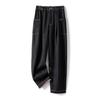 Calça jeans casual chique japonesa de algodão com linha decorativa brilhante, bolso lateral grande, corte solto que afina, cintura semi-elástica escura, perna reta
