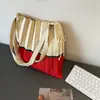 Bolso de Hombro Plegado Coreano con Bloques de Color, Bolso Tote Grande de Viaje, Bolso de Cuerda Tejido de Color Contrastante, Bolso de Mano a la Moda