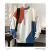 Suéter de alta qualidade com blocos de cor para homens, forrado com fleece e espesso para o inverno, moderno e único, estilo solto e casual para adolescentes