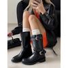 Botas Altas de Piel de Tubo Ancho Talla Grande con Hebilla de Cuero de Vacuno Completo Invierno 2025 Tacón Medio Grueso Punta Redonda Cuero Genuino Botas Altas para Mujer