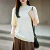 Nova Peça de Lã Cashmere Outono/Inverno 2026 com Borda Enrolada Gola Redonda Tricô Manga Curta Cor Sólida Suéter de Lã Escovada