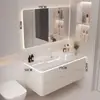 Gabinete de baño de madera maciza de estilo crema, cerámico integrado, con esquinas redondeadas, combinación de lavabo e inodoro