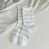 Meias de Algodão Respiráveis Finas Listradas para Primavera e Verão Femininas, Estilo Coreano Sem Costura com Borda Enrolada e Punho Solto, Meias para Gestantes, Meias de Cano Médio