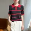 Estilo nuevo de primavera y verano, seda helada, cuello camisero, botones de cuerno, tejido, elegante, bloques de color, a rayas, corte holgado, top con mangas de tres cuartos para mujer