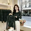 Camiseta de malha dupla com gola redonda e manga longa para outono, top slim fit estampado verde para mães e mulheres de meia-idade