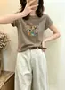 Camiseta feminina de algodão canelado com fonte física de treze fileiras, direto da fábrica, top justo de manga curta, fornecimento exclusivo da segunda leva de verão