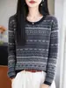 Suéter Jacquard de Cuello Redondo Fair Isle Grueso de Lana Fina para Mujer Otoño Invierno Nuevo Cálido Holgado Tejido Retro