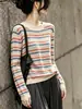 Camiseta de manga larga a rayas para mujer, nuevo estilo 2026, top de punto fino hueco de alta gama, camiseta básica de otoño, top elegante