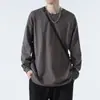 Camiseta de manga larga de algodón puro estilo universitario, holgada, color gris oscuro, para hombre, primavera y otoño, suéter interior, color liso, camiseta básica, talla grande para hombre