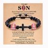 Pulsera de cuentas de fútbol con cruz estilo deportivo, pulsera ajustable tejida a mano con cuentas de piedra negra y balón, con cartón
