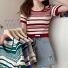Top Corto de Hombro Descubierto de Estilo Occidental de Nicho Suéter de Cuello Redondo a Rayas para Combinar con Todo Camiseta Fina de Verano de Manga Corta para Mujer Ins de Mujer