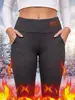 Leggings gruesos forrados de polar para mujer, transfronterizos, de otoño e invierno, de cintura alta, elásticos, ajustados, con etiqueta de cuero y bolsillos, pantalones skinny cálidos