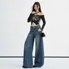 Pantalones vaqueros de lino azul oscuro con diseño repujado en plata para mujer, novedad principios de otoño 2026 de tiro alto, holgados, pierna curva, de algodón
