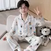 Pijama masculino de primavera e outono, conjunto infantil de algodão puro com gola de lapela e mangas compridas, cardigã infantil de desenho animado, roupa de casa estilosa