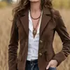 Jaqueta Curta de Cor Sólida Estilo Nomade Retrô para Mulheres, Gola Color Block com Botões Metálicos, Top Acinturado com Gola de Terno