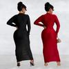 C7118 Cross-border AliExpress Amazon Moda Europeia e Americana Feminina Slim V-neck Split Vestido de Cor Sólida Novo