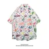 Camisa Floral de Seda de Gelo de Manga Curta para Homens, Marca Tendência de Verão, Bonita e Estilosa, Tamanho Grande Solta Casual Camisa Havaiana de Praia