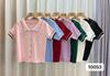 Camiseta corta de verano estilo Chanel de seda helada con cuello de muñeca, flor de coche, botones en el pecho, manga corta fina, top de punto de seda brillante para mujer