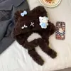 Gorro de tricô para outono e inverno, estilo gato, com abas para as orelhas, forro de pelúcia, espessado para aquecimento, design fofo de desenho animado, faz o rosto parecer menor