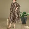 Nuevo Vestido de Vacaciones Elegante Vintage de Algodón y Lino Estampado con Cuello Alto Holgado de Gran Tamaño de Comercio Exterior