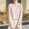 Blusa de tricô fino com bordado estilo chinês, gola redonda, nova, cor vibrante, color block, versátil, peça básica para mulheres, primavera-verão