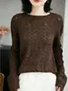 Top de Punto Calado de Manga Larga para Mujer, Delgado y Transpirable, Corte Ajustado, Suave y Elegante, Versátil para el Trabajo, Blusa Estilo Hada