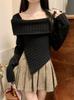 Otoño 2024 Spice Girl Sexy Cuello Irregular Colgante Cuello Cuadrado Ajustado Adelgazante Manga Larga Camiseta Deseo Puro Nicho Top