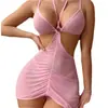 2025 Vestido de Malla Transparente Europeo y Americano Cruzado Ajustado Sexy Rosa Sexy Sin Espalda Sexy Ropa para Mujer