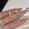 Pendientes de lujo con microcircón brillante y perla de Saturno de alta gama, con aguja plateada, dos pendientes delanteros y traseros para mujer.