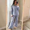 Nuevo Conjunto de Pijama a Rayas Bloque de Color Estilo Transfronterizo Manga Larga Pantalón Largo Casual Versátil Ropa de Casa Estilo Europeo y Americano Adecuado para Usar Afuera
