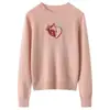 Suéter de cachemira para mujer % cachemira pura de cabra, nuevo estilo otoño e invierno, cuello redondo, manga larga, jacquard de fresa, suéter de punto moderno, estilo europeo y americano
