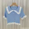 Camiseta de Verano para Mujer 2025 con Cuello Peter Pan, Manga Corta, Ajustada, Corta, de Cintura Alta, Tejida, Seda de Hielo, Camisa con Cintura de Cardigan, Estilo Francés