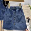 Traje de mezclilla para niñas, primavera y otoño, nuevo estilo coreano, chaleco de mezclilla, falda, camisa de base de manga larga con encaje de moda